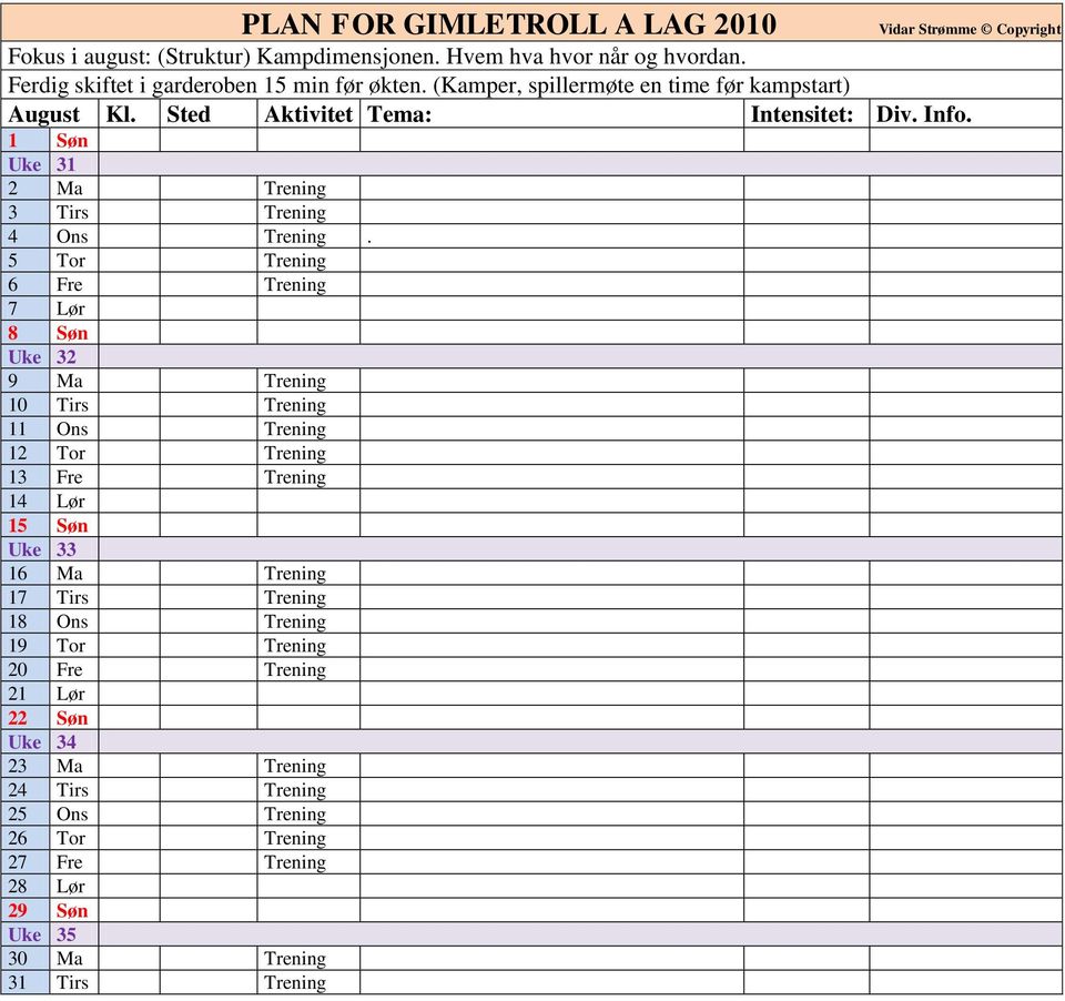 5 Tor Trening 6 Fre Trening 7 Lør 8 Søn Uke 32 9 Ma Trening 10 Tirs Trening 11 Ons Trening 12 Tor Trening 13 Fre Trening 14 Lør 15 Søn