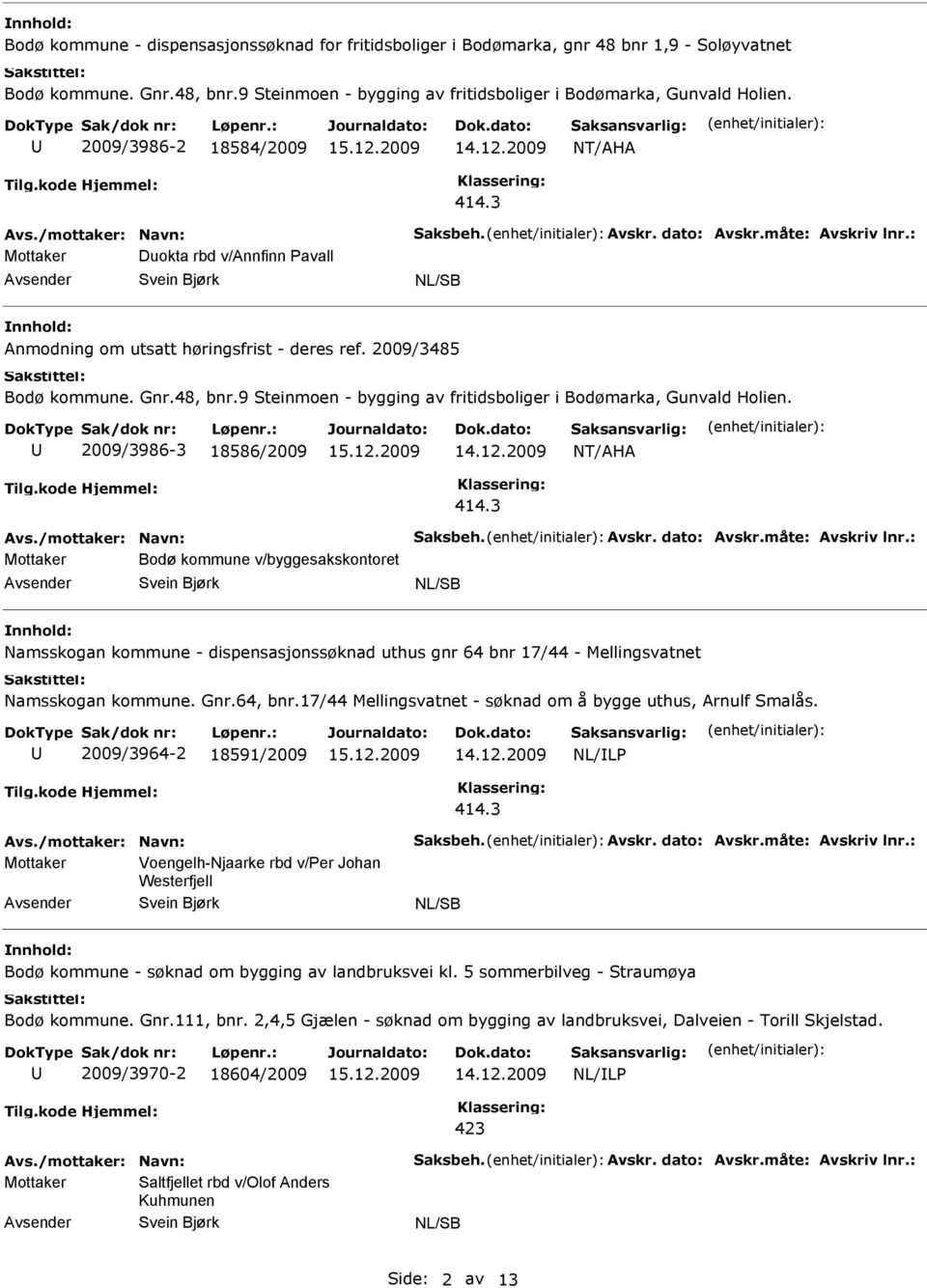 2009/3485 Bodø kommune. Gnr.48, bnr.9 Steinmoen - bygging av fritidsboliger i Bodømarka, Gunvald Holien. 2009/3986-3 18586/2009 NT/AHA Avs./mottaker: Navn: Saksbeh. Avskr. dato: Avskr.