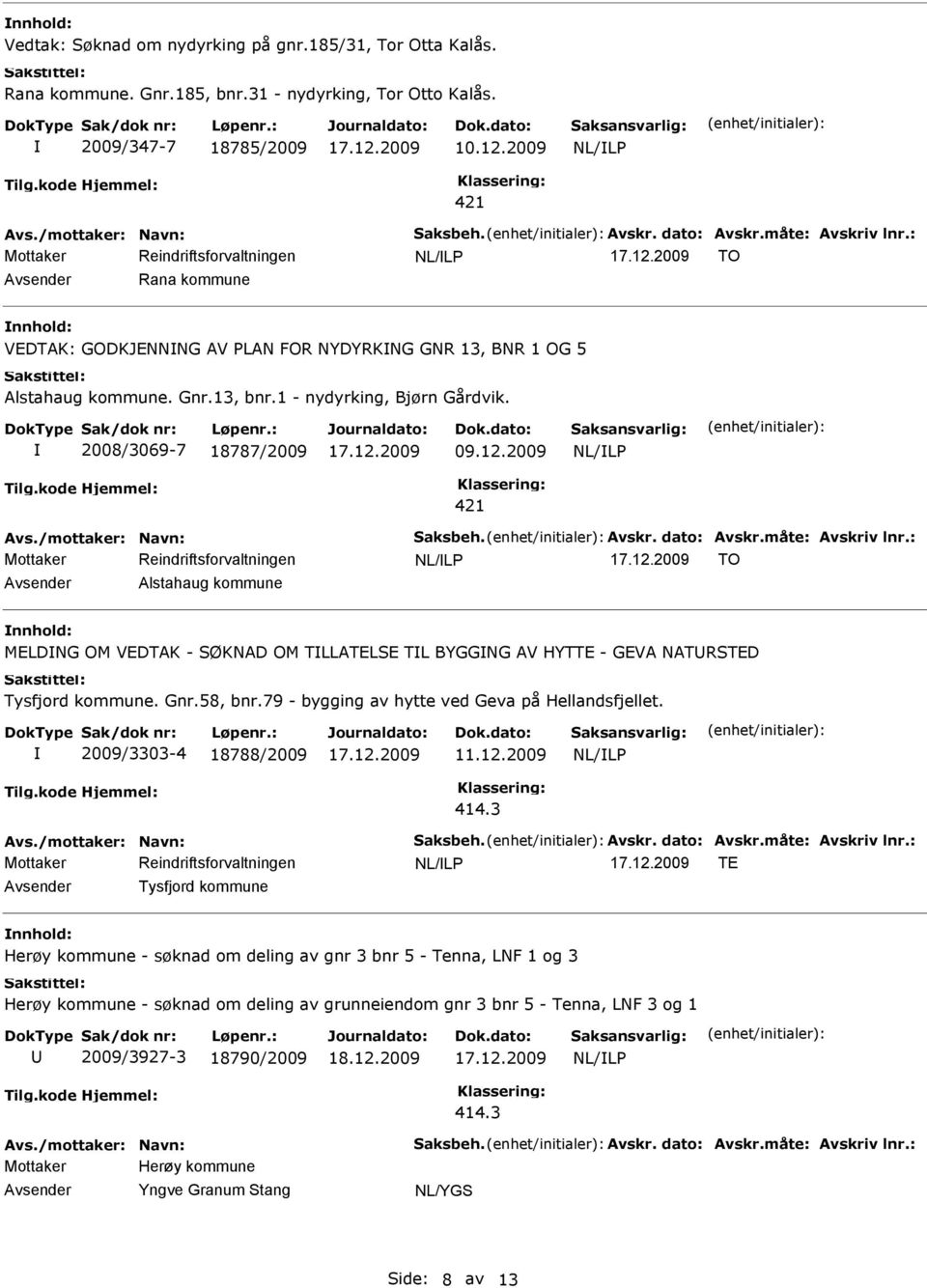 2009 421 Avs./mottaker: Navn: Saksbeh. Avskr. dato: Avskr.måte: Avskriv lnr.: TO Alstahaug kommune MELDNG OM VEDTAK - SØKNAD OM TLLATELSE TL BYGGNG AV HYTTE - GEVA NATRSTED Tysfjord kommune. Gnr.