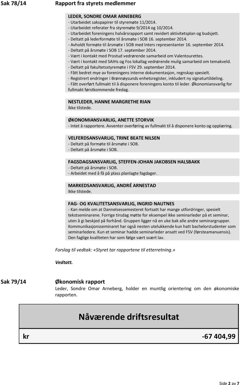 - Avholdt formøte til årsmøte i SOB med Inters representanter 16. september 2014. - Deltatt på årsmøte i SOB 17. september 2014. - Vært i kontakt med Prostud vedrørende samarbeid om Valentourettes.