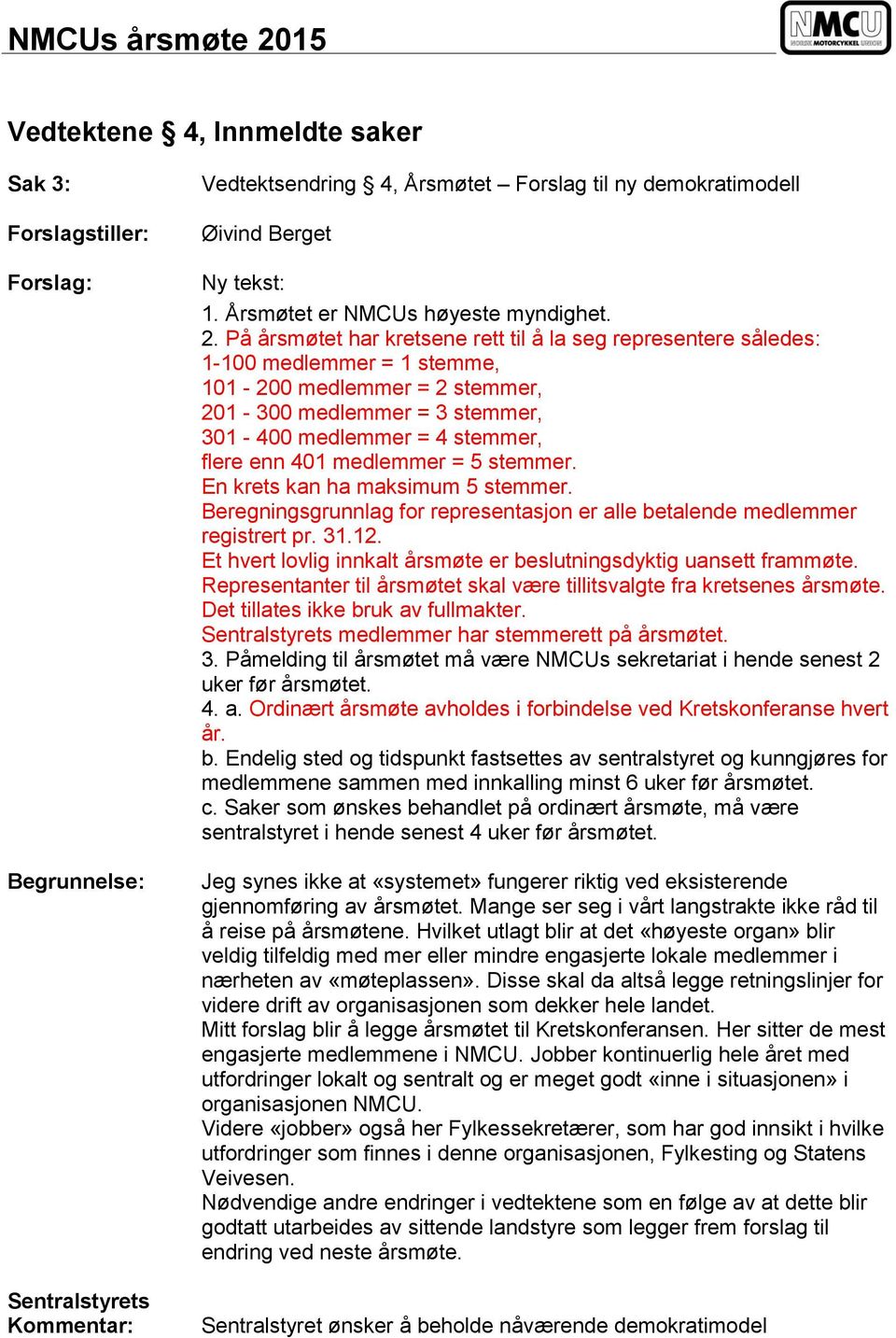 På årsmøtet har kretsene rett til å la seg representere således: 1-100 medlemmer = 1 stemme, 101-200 medlemmer = 2 stemmer, 201-300 medlemmer = 3 stemmer, 301-400 medlemmer = 4 stemmer, flere enn 401