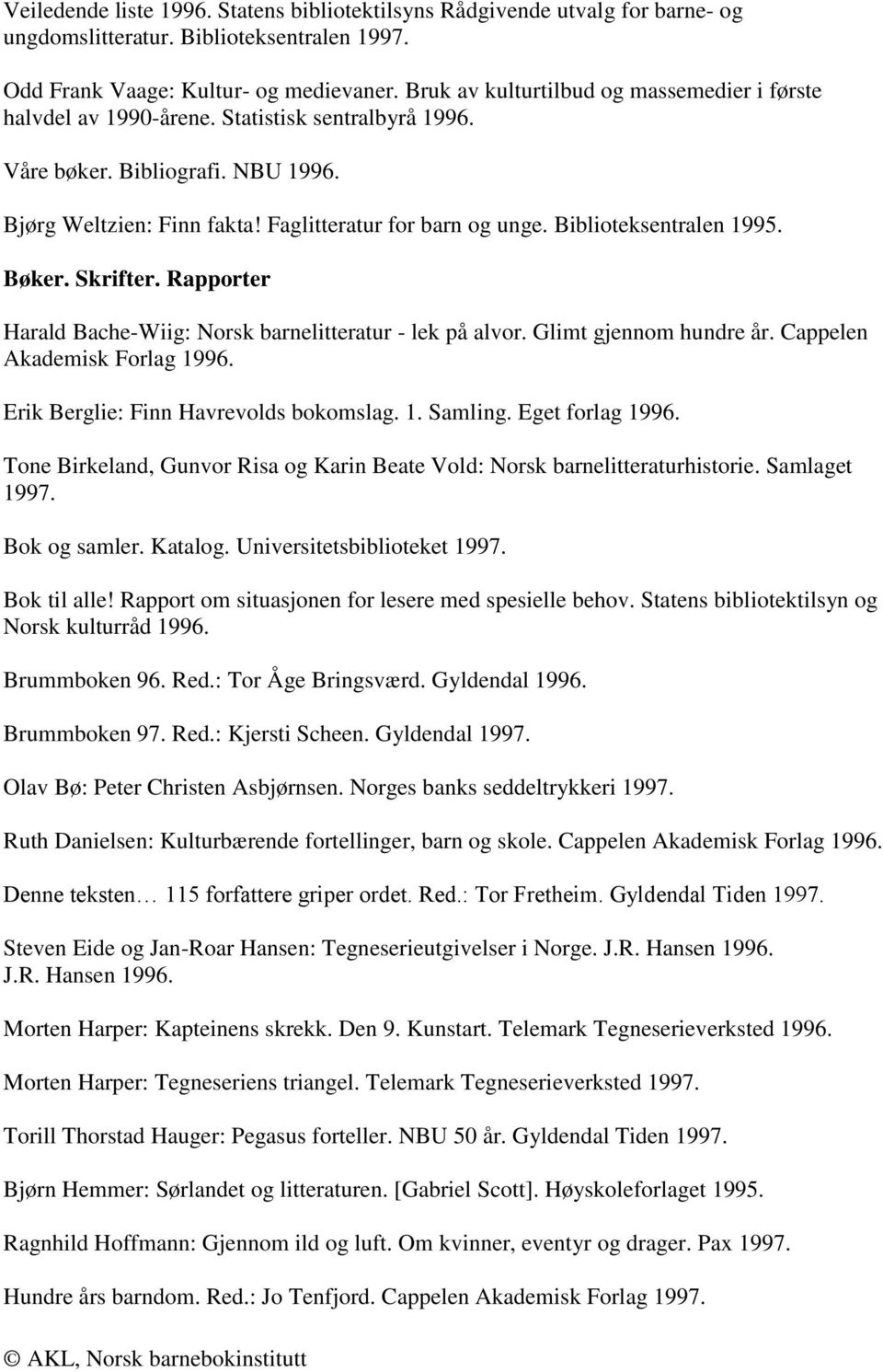 Biblioteksentralen 1995. Bøker. Skrifter. Rapporter Harald Bache-Wiig: Norsk barnelitteratur - lek på alvor. Glimt gjennom hundre år. Cappelen Akademisk Forlag 1996.