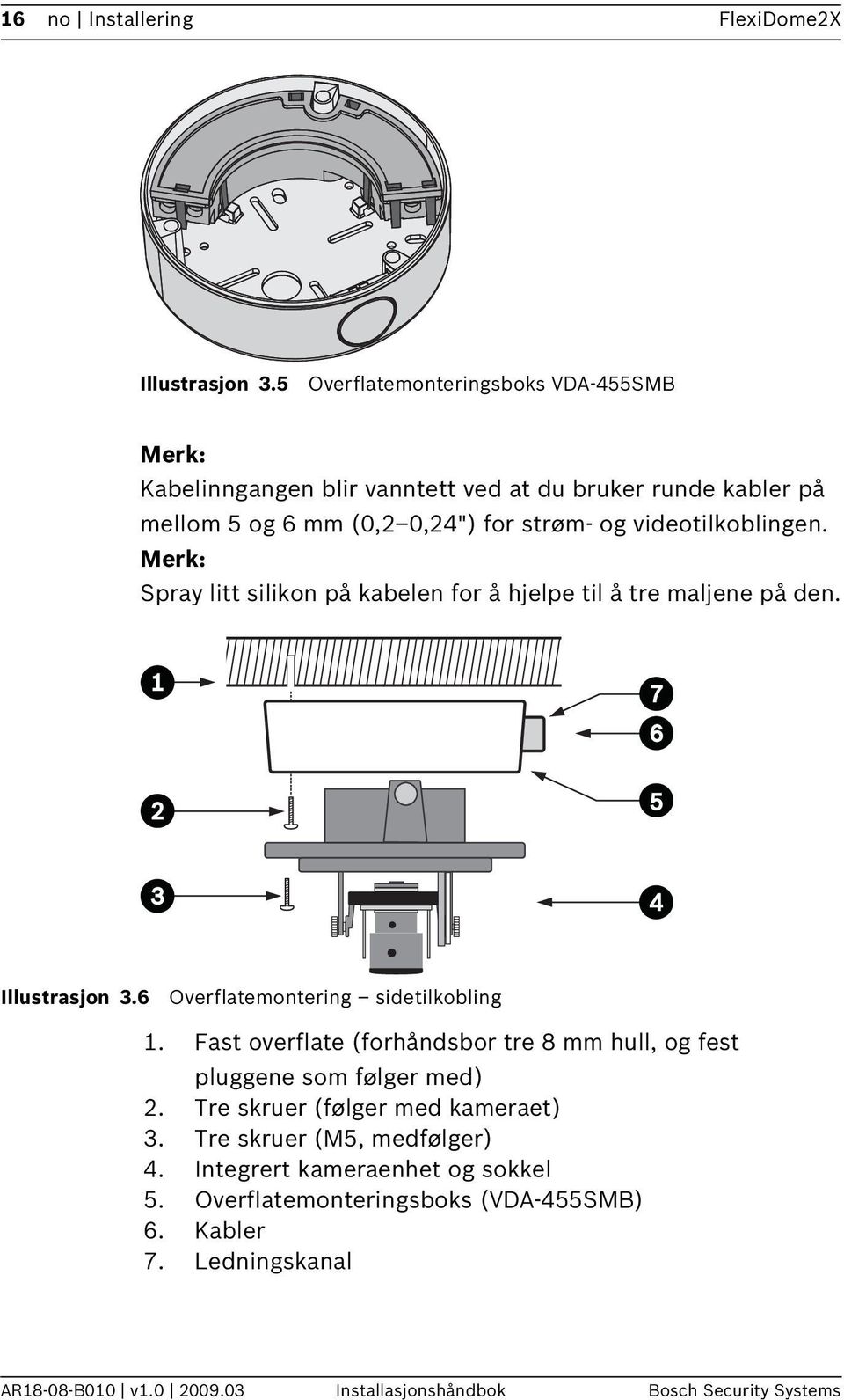 videotilkoblingen. Merk: Spray litt silikon på kabelen for å hjelpe til å tre maljene på den. Illustrasjon 3.6 Overflatemontering sidetilkobling 1.