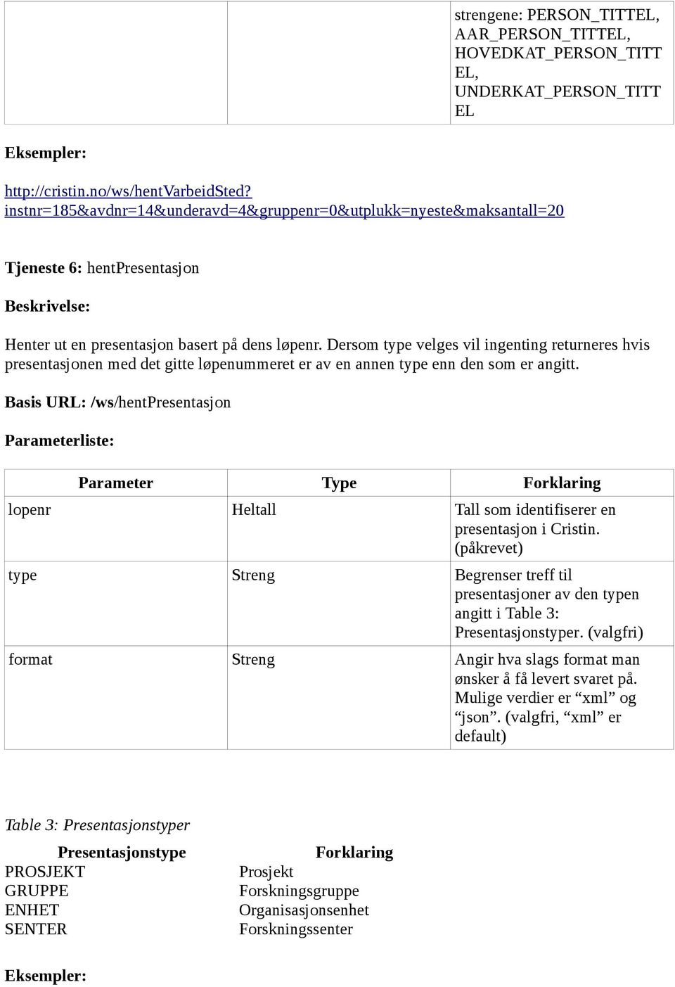 Dersom type velges vil ingenting returneres hvis presentasjonen med det gitte løpenummeret er av en annen type enn den som er angitt.