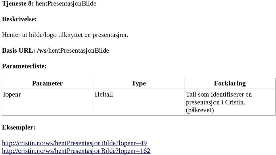 Basis URL: /ws/hentpresentasjonbilde lopenr Heltall Tall som identifiserer