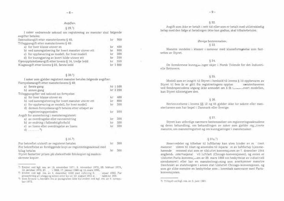 ring for hvert monster utover ett cl for oppbevaring av modell, for bver modell d) for kunngjøring av hvert bilde utover ett GjenopptakelsesavgiJt etter lovens 14, tredje ledd Klageavgift etter