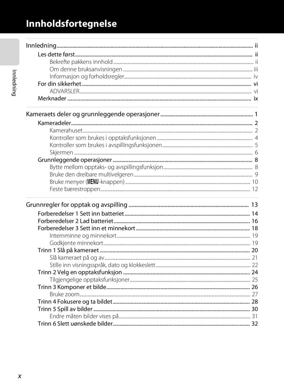 .. 4 Kontroller som brukes i avspillingsfunksjonen... 5 Skjermen... 6 Grunnleggende operasjoner... 8 Bytte mellom opptaks- og avspillingsfunksjon... 8 Bruke den dreibare multivelgeren.