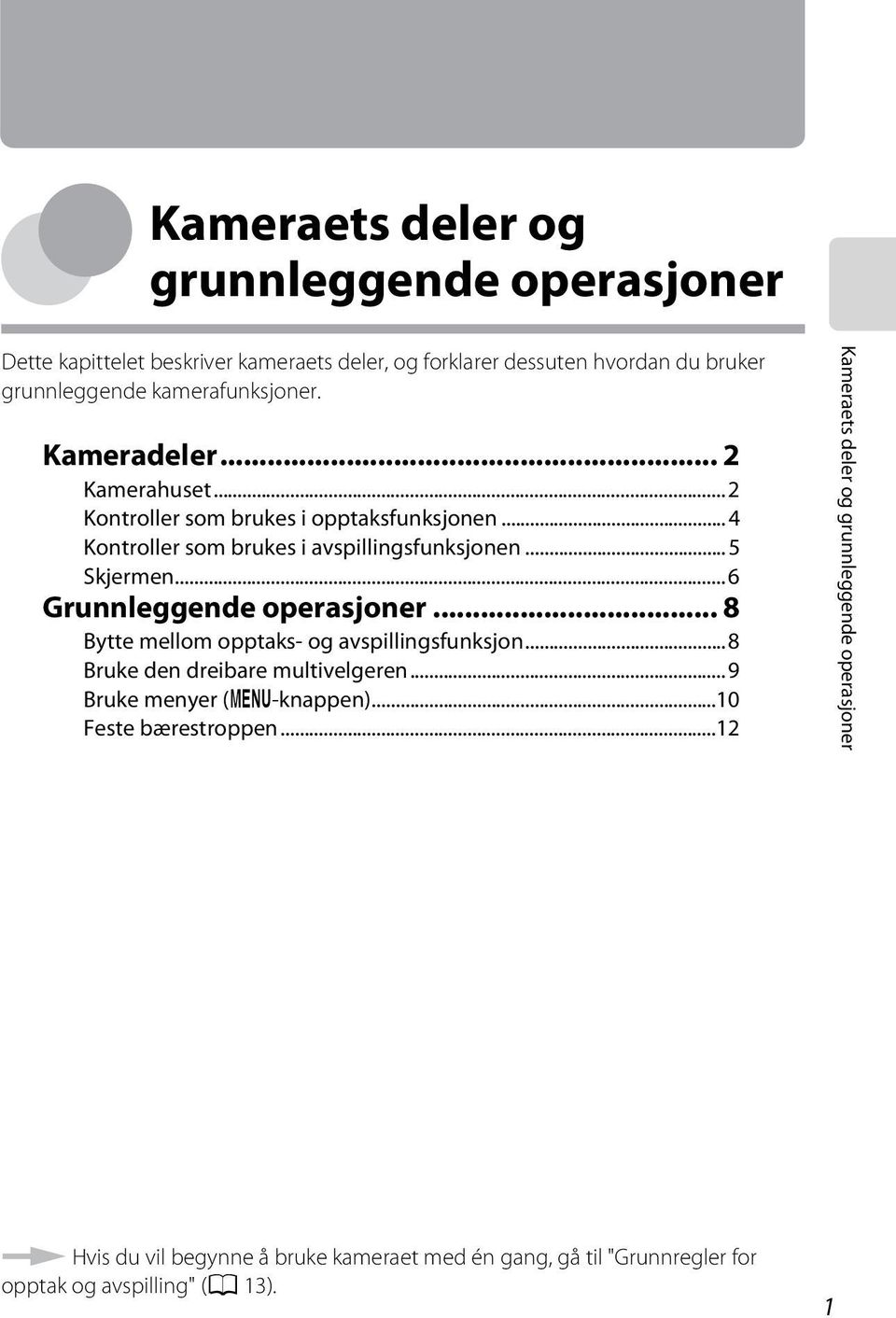 ..6 Grunnleggende operasjoner... 8 Bytte mellom opptaks- og avspillingsfunksjon...8 Bruke den dreibare multivelgeren...9 Bruke menyer (d-knappen).