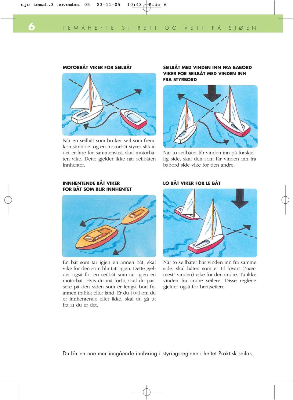 STYRBORD Når en seilbåt som bruker seil som fremkomstmiddel og en motorbåt styrer slik at det er fare for sammenstøt, skal motorbåten vike. Dette gjelder ikke når seilbåten innhenter.