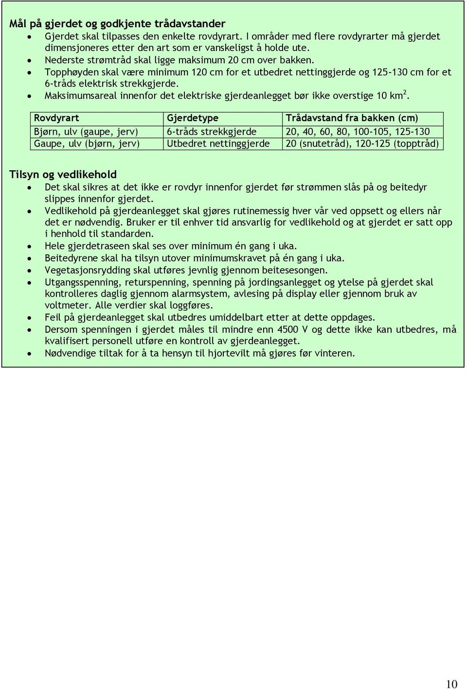 Maksimumsareal innenfor det elektriske gjerdeanlegget bør ikke overstige 10 km 2.