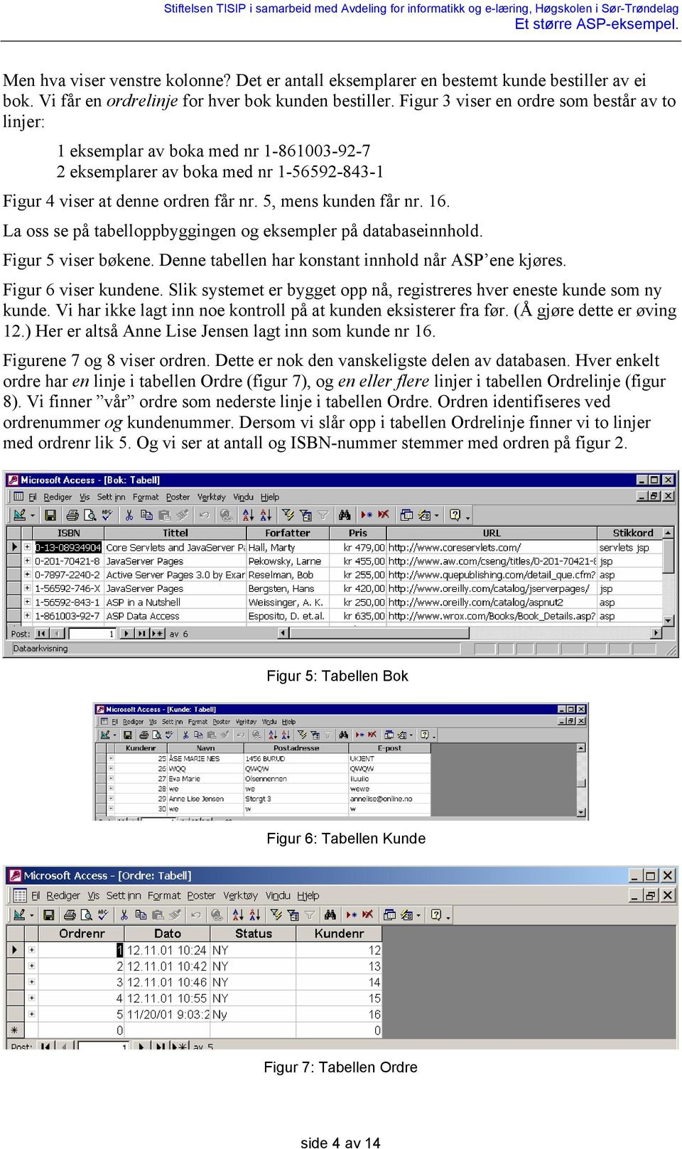 La oss se på tabelloppbyggingen og eksempler på databaseinnhold. Figur 5 viser bøkene. Denne tabellen har konstant innhold når ASP ene kjøres. Figur 6 viser kundene.