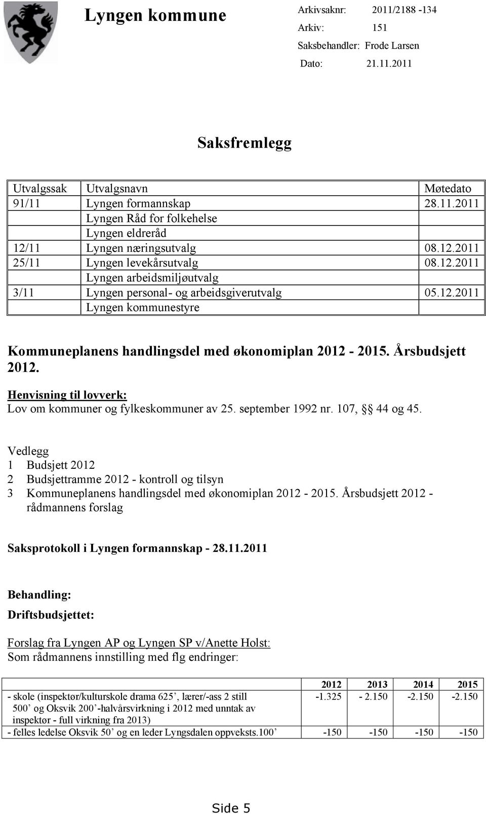 Årsbudsjett 2012. Henvisning til lovverk: Lov om kommuner og fylkeskommuner av 25. september 1992 nr. 107, 44 og 45.