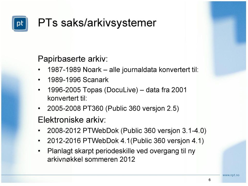 360 versjon 2.5) Elektroniske arkiv: 2008-2012 PTWebDok (Public 360 versjon 3.1-4.
