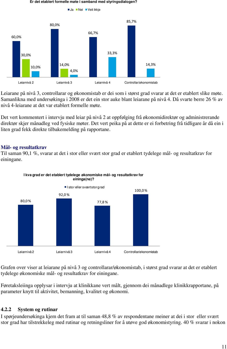 størst grad svarar at det er etablert slike møte. Samanlikna med undersøkinga i 2008 er det ein stor auke blant leiarane på nivå 4.