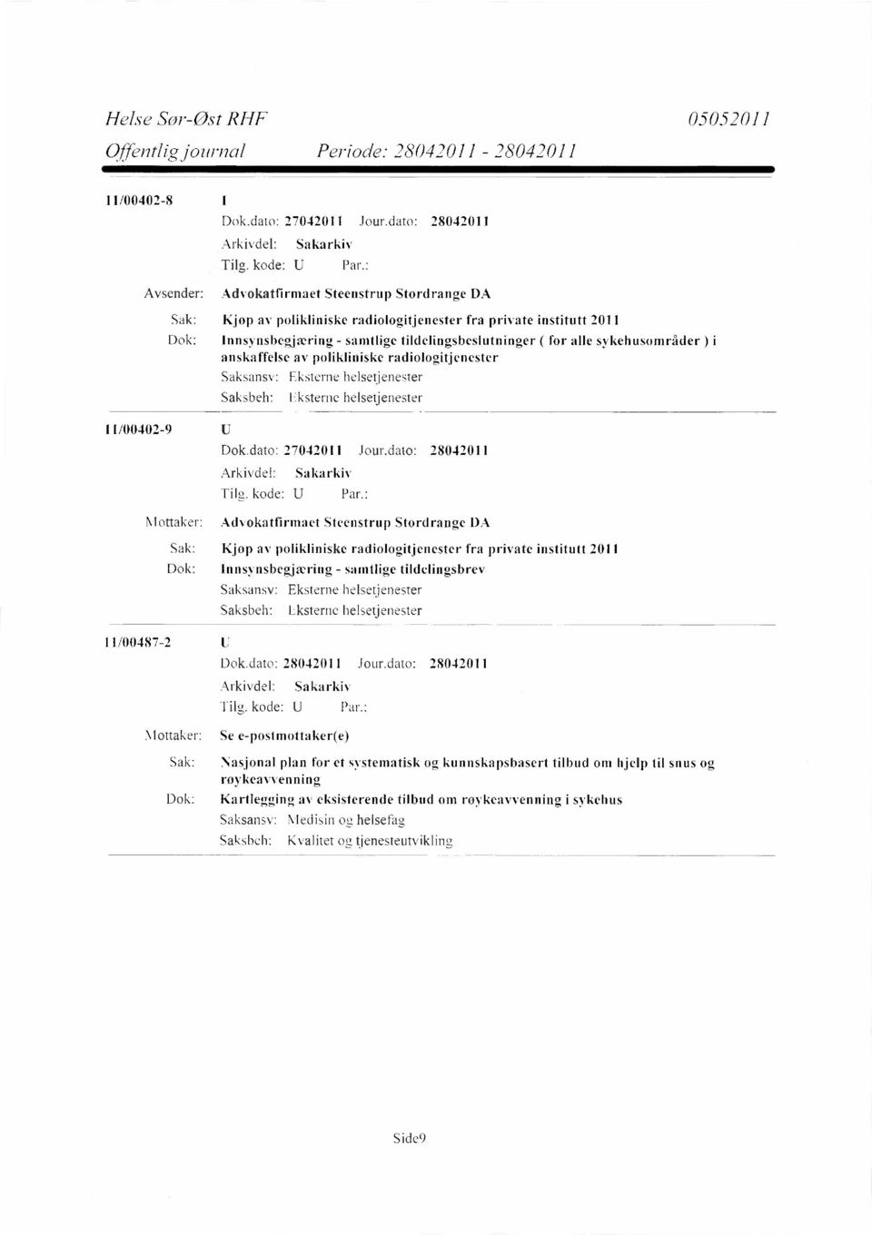 Stordrange DA Sak: Kjøp av polikliniske radiologitjenester fra private institutt 2011 Dok: Innsynsbegjæring - samtlige tildelingsbrev Eksterne helsetjenester Eksterne helsetjenester 11/00487-2