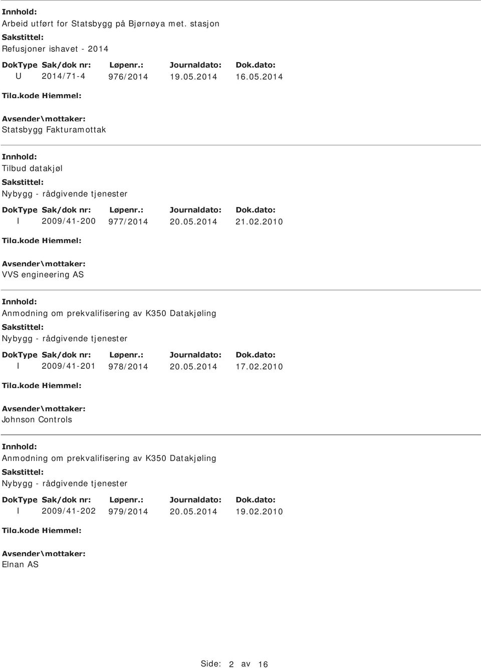 2010 VVS engineering AS nnhold: Anmodning om prekvalifisering av K350 Datakjøling 2009/41-201 978/2014 17.02.