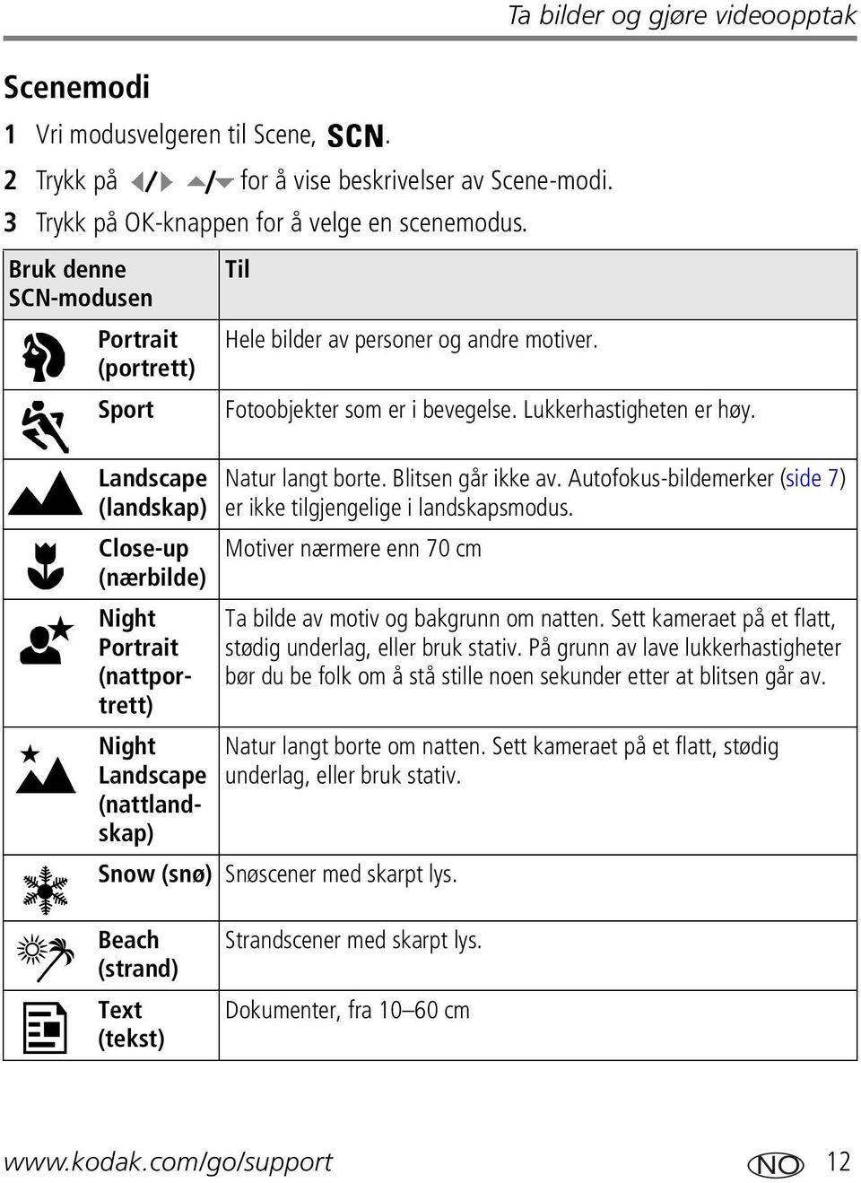 Ta bilder og gjøre videoopptak Fotoobjekter som er i bevegelse. Lukkerhastigheten er høy. Natur langt borte. Blitsen går ikke av. Autofokus-bildemerker (side 7) er ikke tilgjengelige i landskapsmodus.