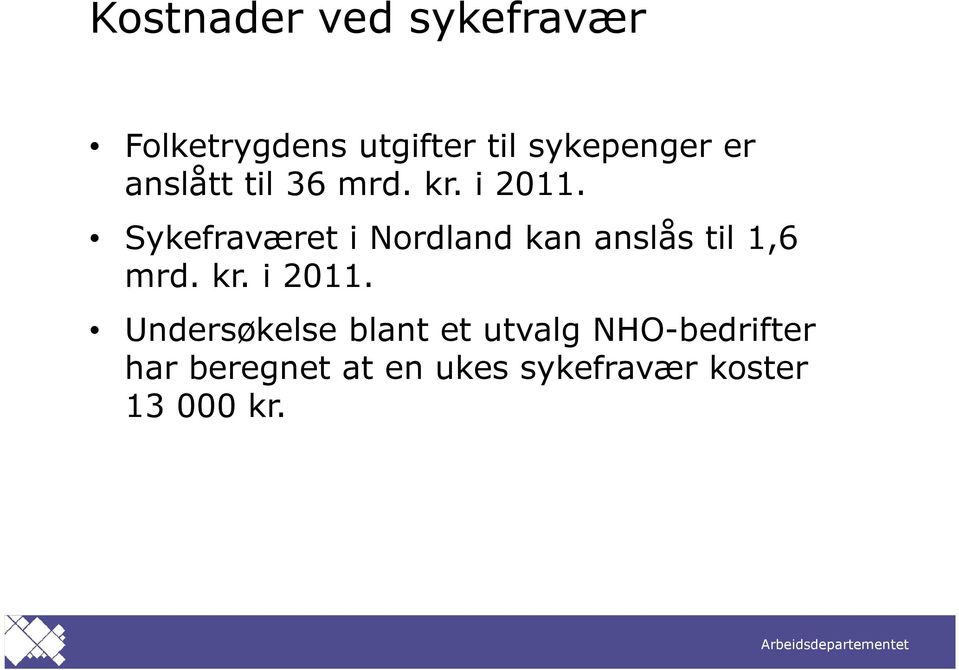 Sykefraværet i Nordland kan anslås til 1,6 mrd. kr. i 2011.