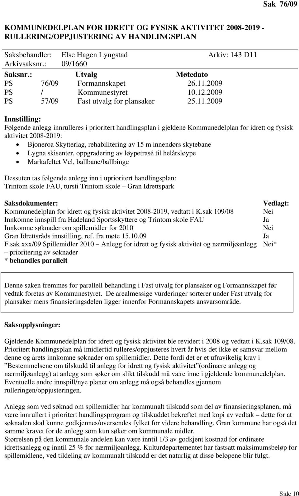 2009 PS / Kommunestyret 10.12.2009 PS 57/09 Fast utvalg for plansaker 25.11.