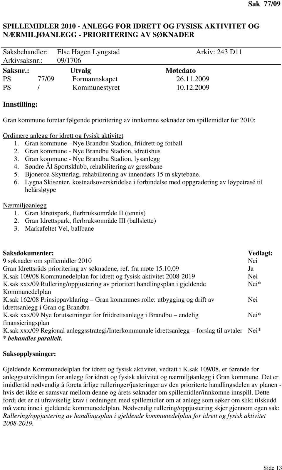 2009 Innstilling: Gran kommune foretar følgende prioritering av innkomne søknader om spillemidler for 2010: Ordinære anlegg for idrett og fysisk aktivitet 1.