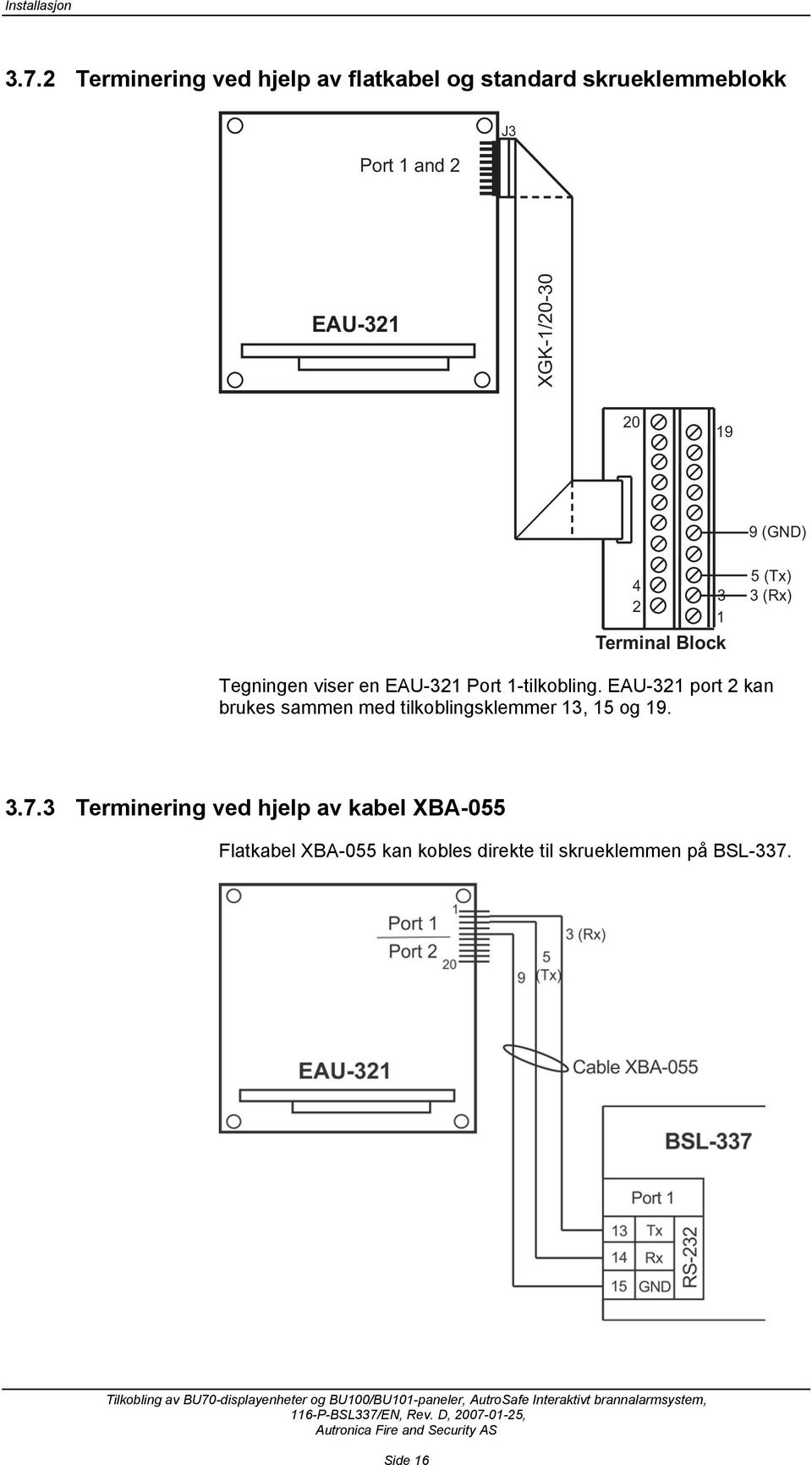 XGK-1/20-30 20 19 9 (GND) 4 2 3 1 Terminal Block 5 (Tx) 3 (Rx) Tegningen viser en EAU-321 Port