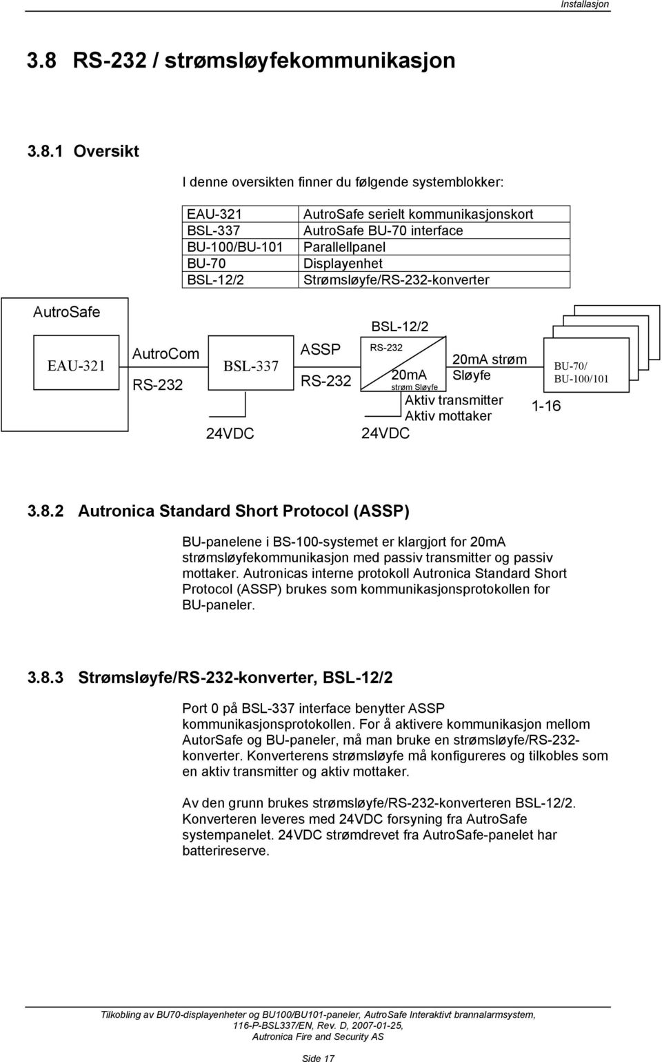 1 Oversikt I denne oversikten finner du følgende systemblokker: EAU-321 BSL-337 BU-100/BU-101 BU-70 BSL-12/2 AutroSafe serielt kommunikasjonskort AutroSafe BU-70 interface Parallellpanel Displayenhet