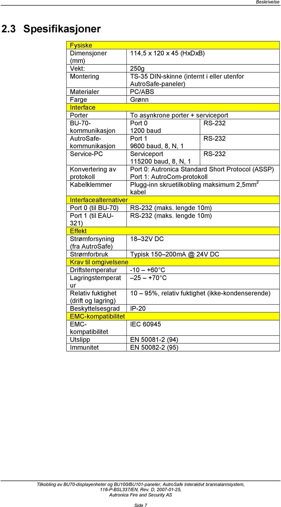 (internt i eller utenfor AutroSafe-paneler) PC/ABS Grønn To asynkrone porter + serviceport Port 0 RS-232 1200 baud Port 1 RS-232 9600 baud, 8, N, 1 Serviceport RS-232 115200 baud, 8, N, 1 Port 0: