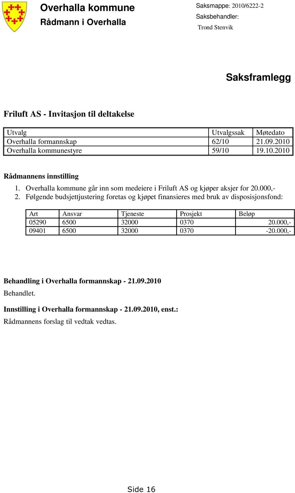 Overhalla kommune går inn som medeiere i Friluft AS og kjøper aksjer for 20.000,- 2.
