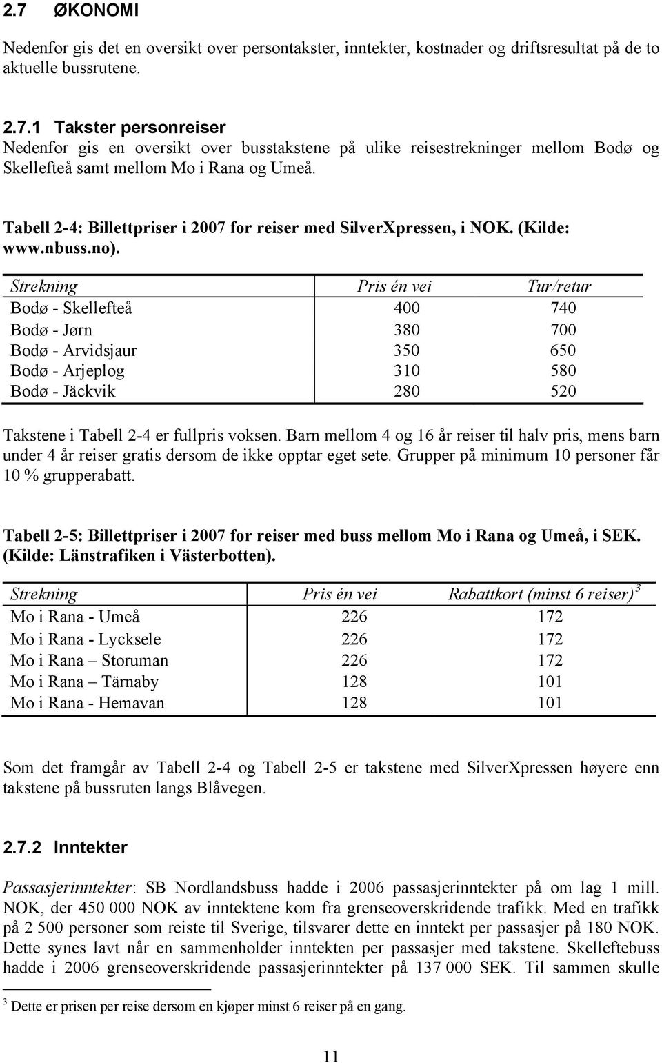 Strekning Pris én vei Tur/retur Bodø - Skellefteå 400 740 Bodø - Jørn 380 700 Bodø - Arvidsjaur 350 650 Bodø - Arjeplog 310 580 Bodø - Jäckvik 280 520 Takstene i Tabell 2-4 er fullpris voksen.