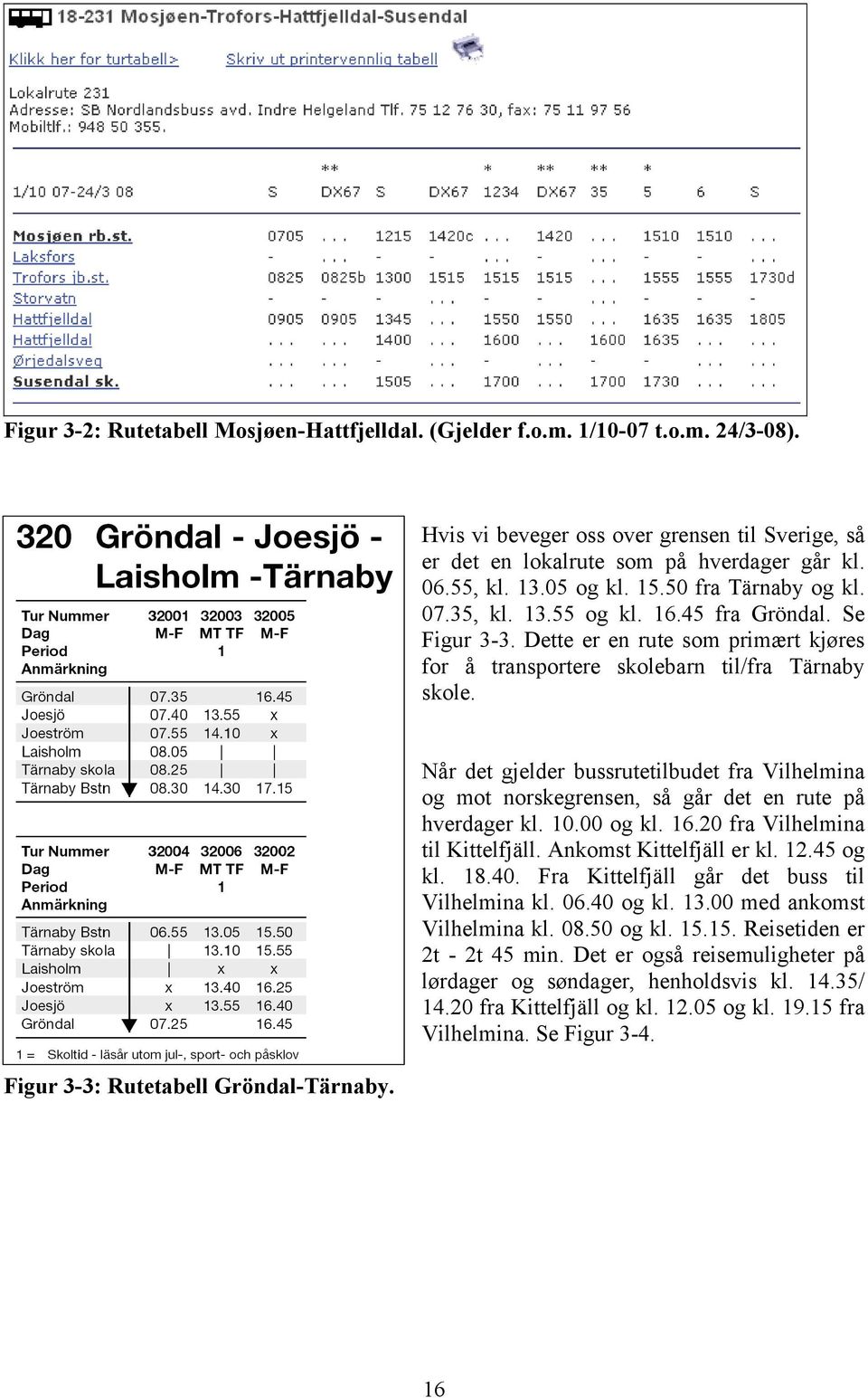 Figur 3-3: Rutetabell Gröndal-Tärnaby. Når det gjelder bussrutetilbudet fra Vilhelmina og mot norskegrensen, så går det en rute på hverdager kl. 10.00 og kl. 16.20 fra Vilhelmina til Kittelfjäll.