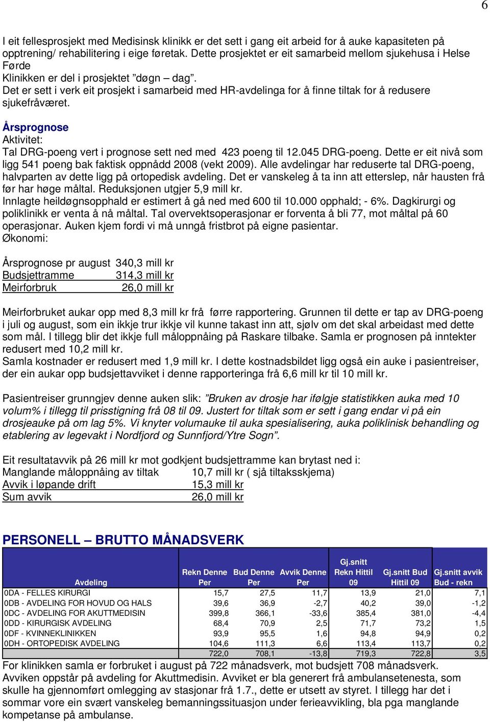 Det er sett i verk eit prosjekt i samarbeid med HR-avdelinga for å finne tiltak for å redusere sjukefråværet. Årsprognose Aktivitet: Tal DRG-poeng vert i prognose sett ned med 423 poeng til 12.