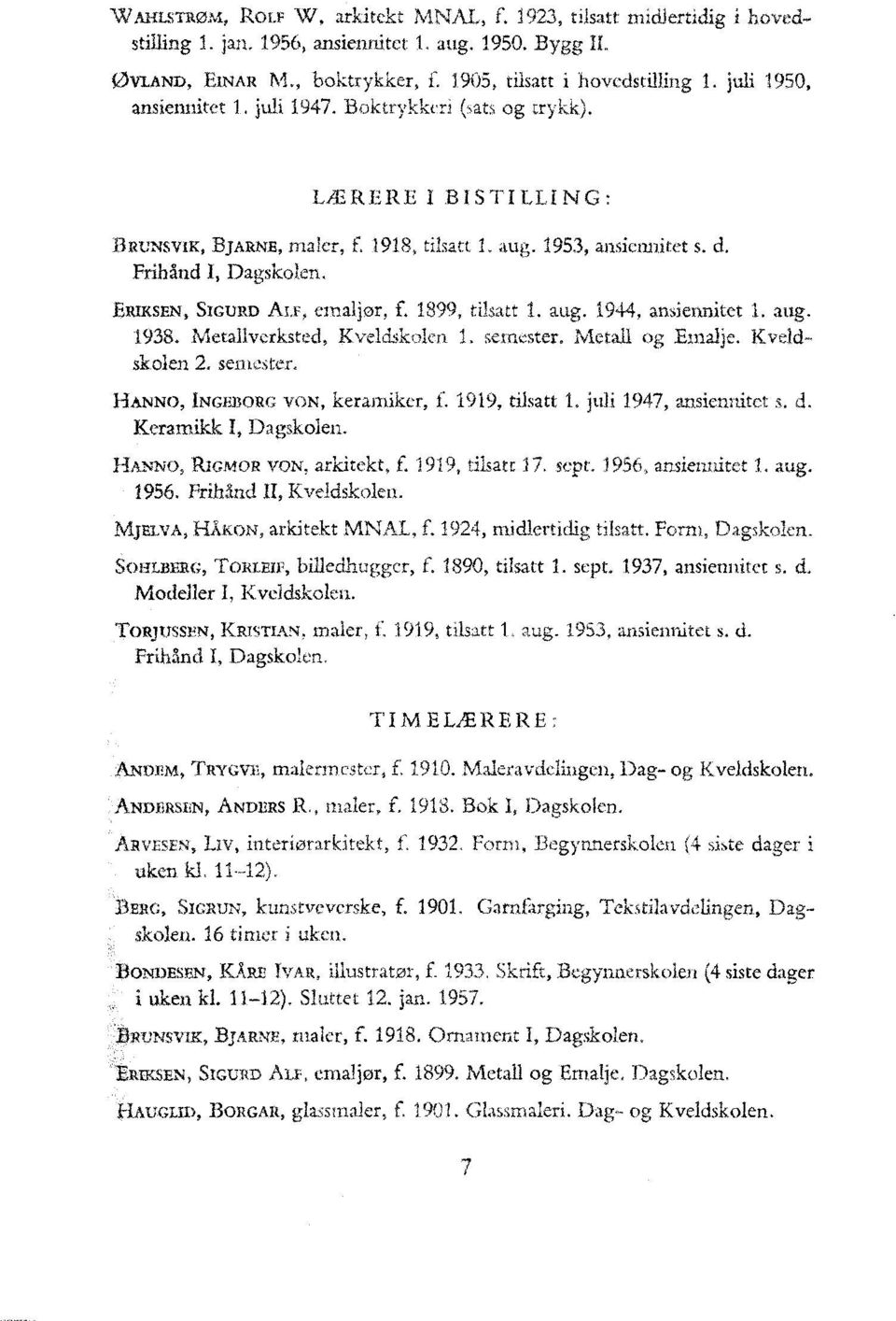 ERIKSEN, SIGURD ALF, emaljør, f. 1899, tilsatt 1. aug. 1944, ansiennitet 1. aug. 1938. Metallverksted, Kveldskolen 1. semester. Metall og Emalje. Kveldskolen 2. semester. FIANNO, INGEI3ORG VON, keramiker, f.