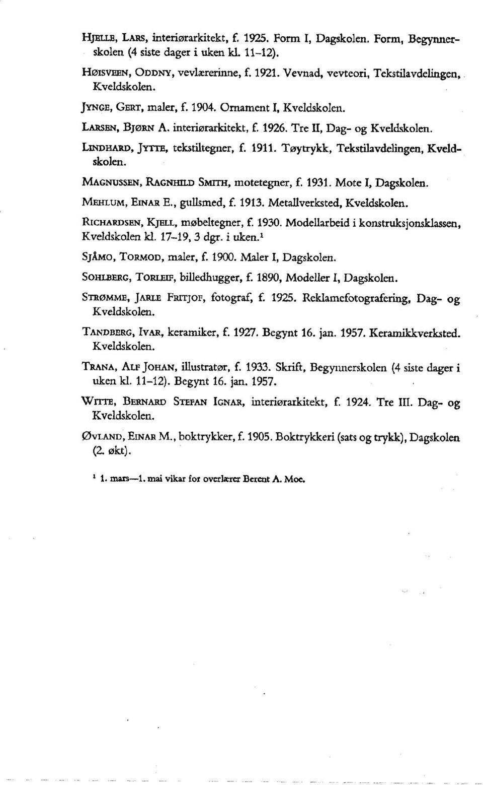 LirroBARD, JYrrE, tekstiltegner, f. 1911. Tøytrykk, Tekstilavdelingen, Kveldskolen. MAGNUSSEN, RAGNIm.r) SmrrH, motetegner, f. 1931. Mote I, Dagskolen. MEHLUM, ENAR E., gullsmed, f. 1913.