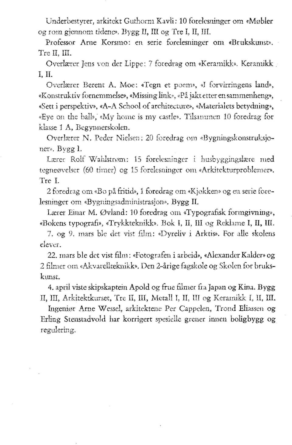 Moe: «Tegn et poem», «I forvirringens land», «Konstruktiv fornemmelsen «Missing link», «På jakt etter en sammenheng», «Sett i perspektiv», «A-A School of architecture», «Materialets betydning», «Eye