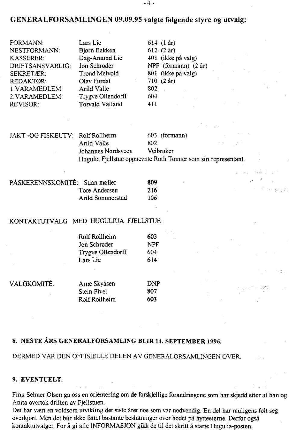 år) 801 (ikke på valg) 710 (2 år) 802 604 411 JAKT -OG FISKEUTV: Rolf Rollheim 603 (formann) Arild Valle 802 Johannes Nordsveen Veibruker Hugulia Fjellstue oppnevnte Ruth Tomter som sin representant.