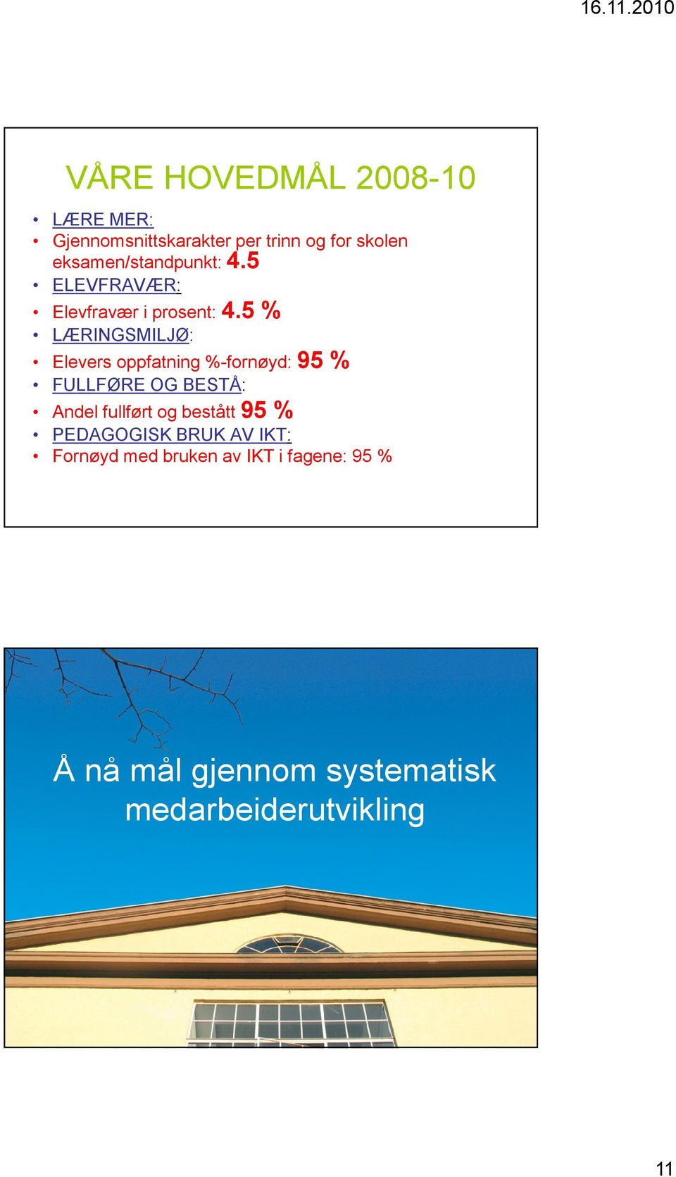 5 % LÆRINGSMILJØ: Elevers oppfatning %-fornøyd: 95 % FULLFØRE OG BESTÅ: Andel fullført og