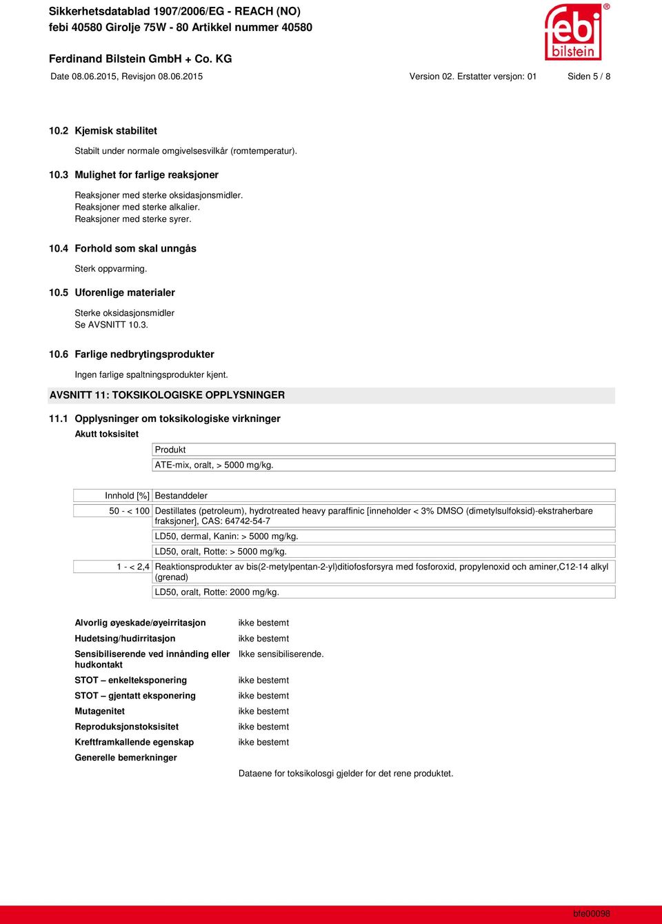 AVSNITT 11: TOKSIKOLOGISKE OPPLYSNINGER 11.1 Opplysninger om toksikologiske virkninger Akutt toksisitet Produkt ATE-mix, oralt, > 5000 mg/kg.