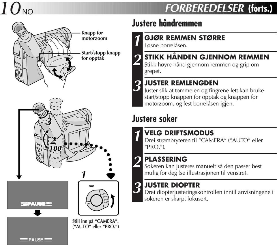 JUSTER REMLENGDEN Juster slik at tommelen og fingrene lett kan bruke start/stopp knappen for opptak og knappen for motorzoom, og fest borrelåsen igjen.