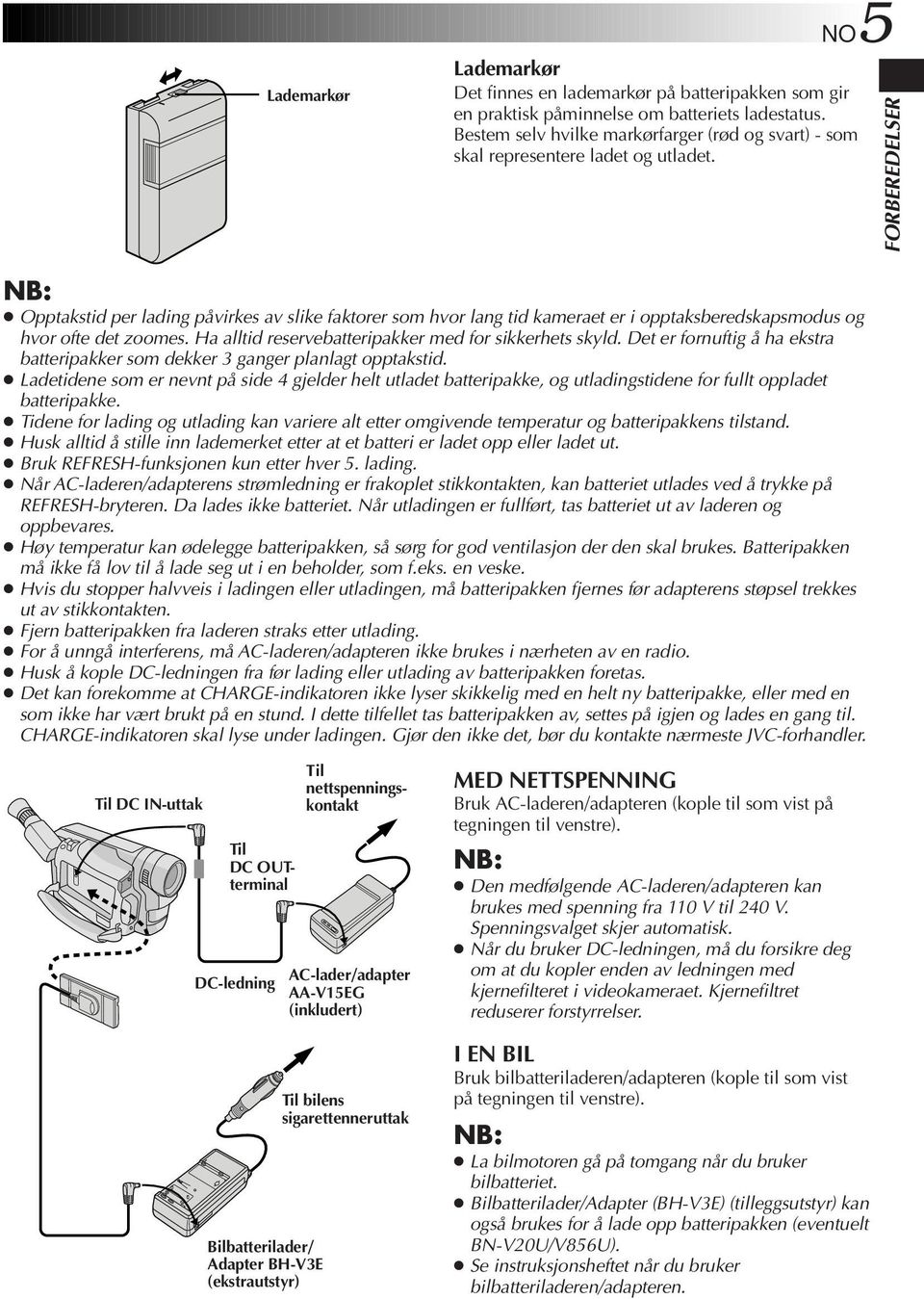 FORBEREDELSER Opptakstid per lading påvirkes av slike faktorer som hvor lang tid kameraet er i opptaksberedskapsmodus og hvor ofte det zoomes. Ha alltid reservebatteripakker med for sikkerhets skyld.