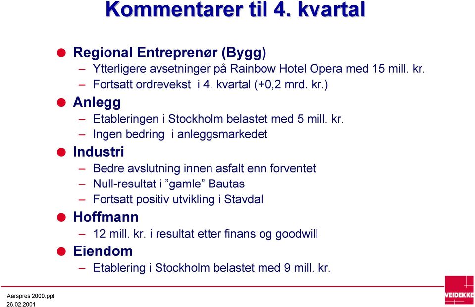 ) Anlegg Etableringen i Stockholm belastet med 5 mill. kr.