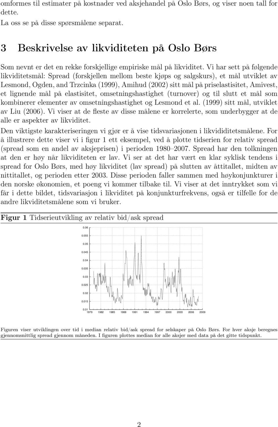 Vi har sett på følgende likviditetsmål: Spread (forskjellen mellom beste kjøps og salgskurs), et mål utviklet av Lesmond, Ogden, and Trzcinka (1999), Amihud (2002) sitt mål på priselastisitet,