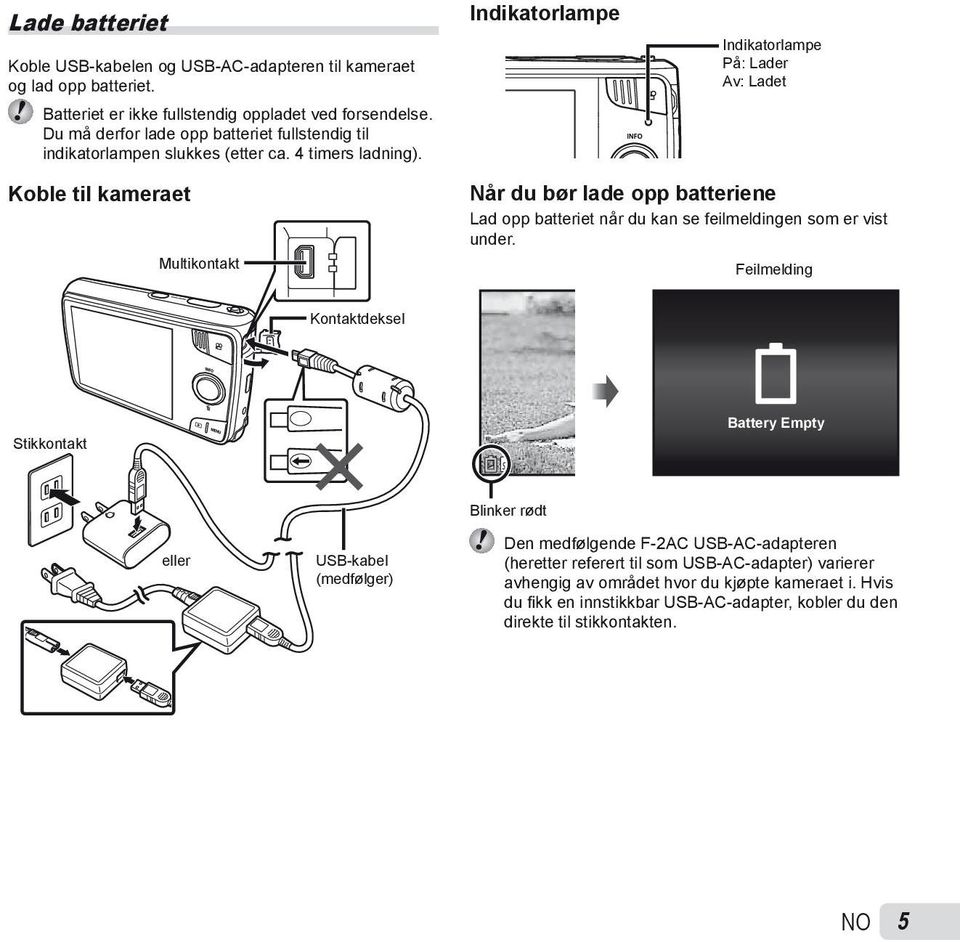 Indikatorlampe Indikatorlampe På: Lader Av: Ladet Koble til kameraet Multikontakt Når du bør lade opp batteriene Lad opp batteriet når du kan se feilmeldingen som er vist under.