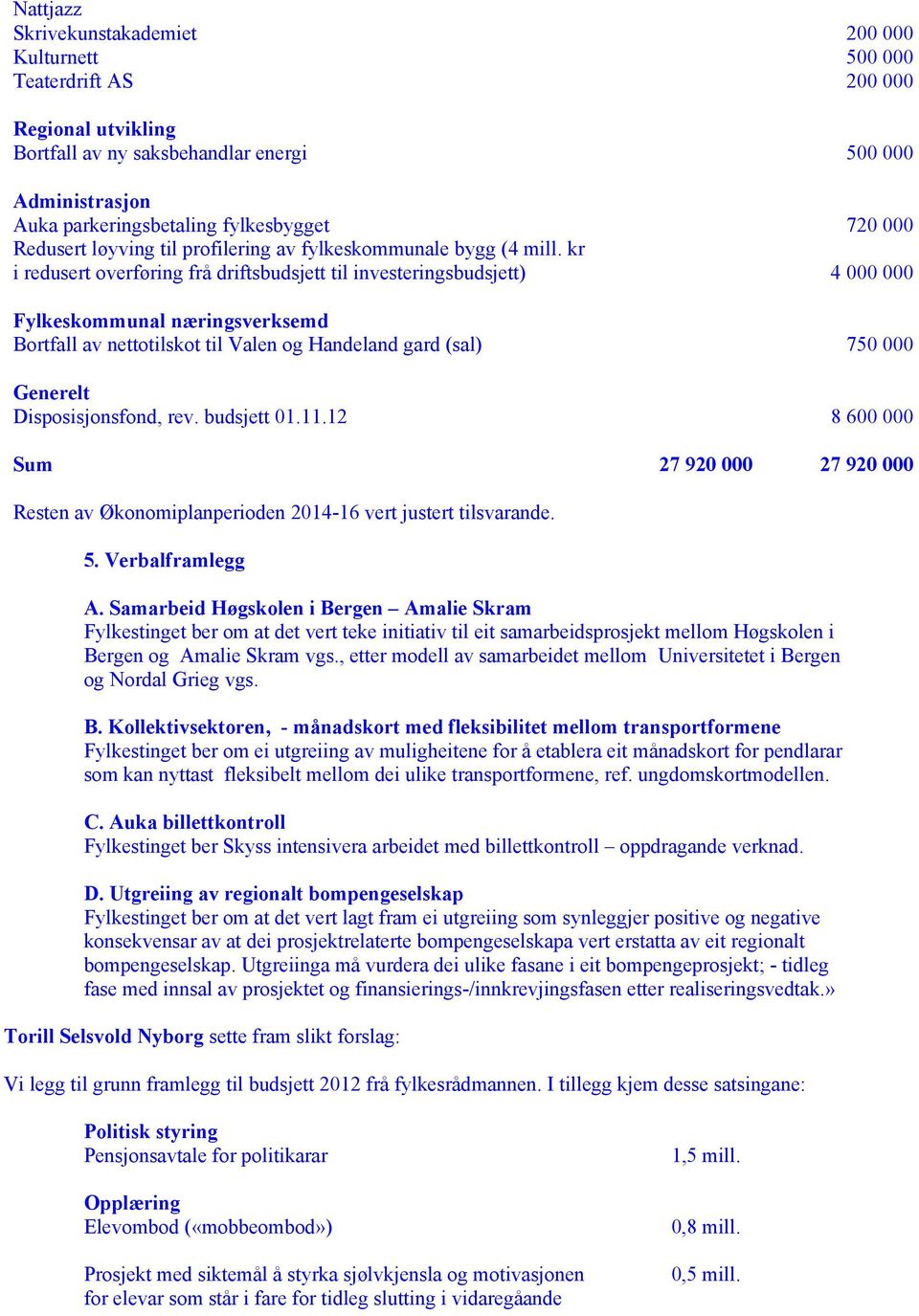 kr i redusert overføring frå driftsbudsjett til investeringsbudsjett) 4 000 000 Fylkeskommunal næringsverksemd Bortfall av nettotilskot til Valen og Handeland gard (sal) 750 000 Generelt