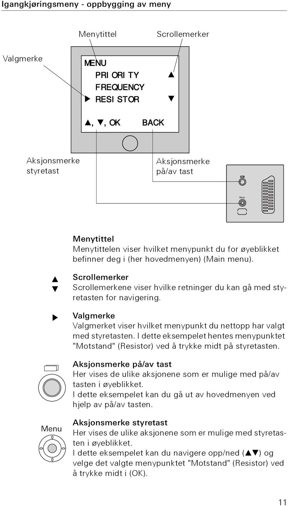 Valgmerke Valgmerket viser hvilket menypunkt du nettopp har valgt med styretasten. I dette eksempelet hentes menypunktet "Motstand" (Resistor) ved å trykke midt på styretasten.