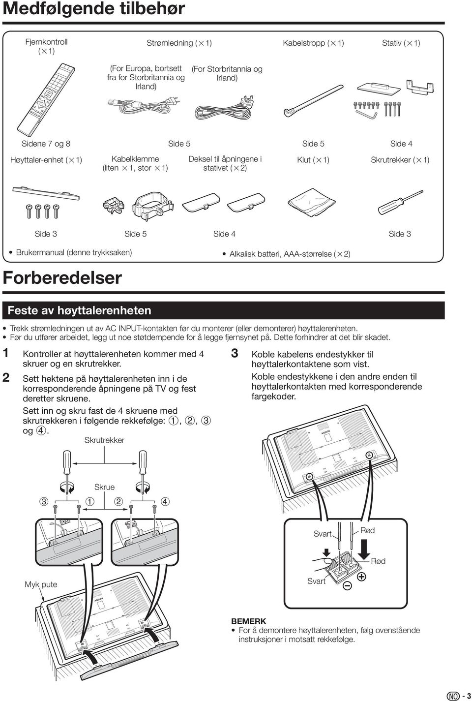 batteri, AAA-størrelse (g) Feste av høyttalerenheten Trekk strømledningen ut av AC INPUT-kontakten før du monterer (eller demonterer) høyttalerenheten.