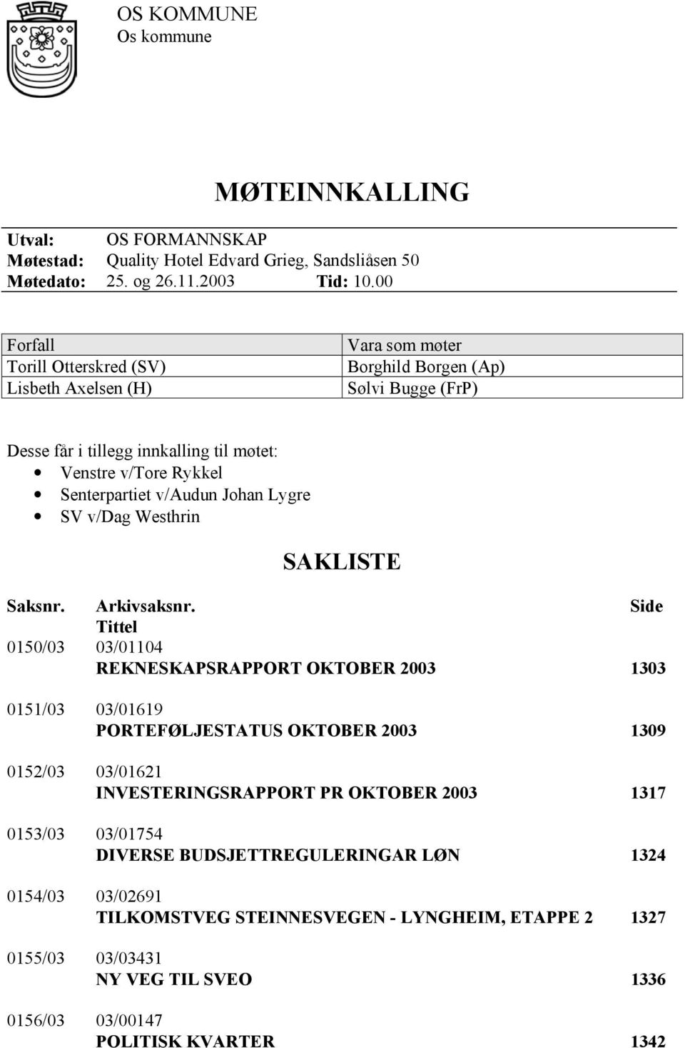 Johan Lygre SV v/dag Westhrin SAKLISTE Saksnr. Arkivsaksnr.