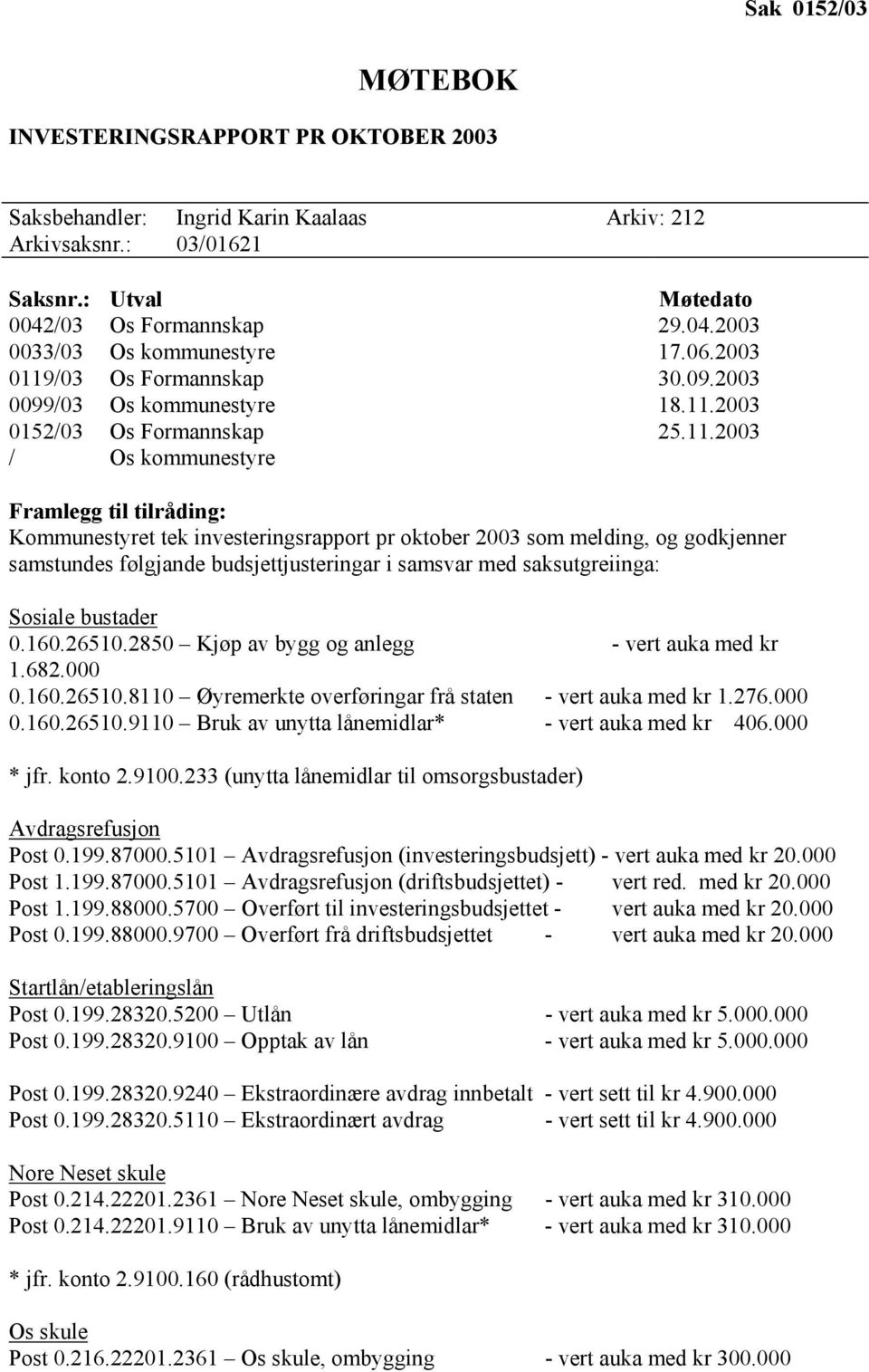 /03 Os Formannskap 30.09.2003 0099/03 Os kommunestyre 18.11.