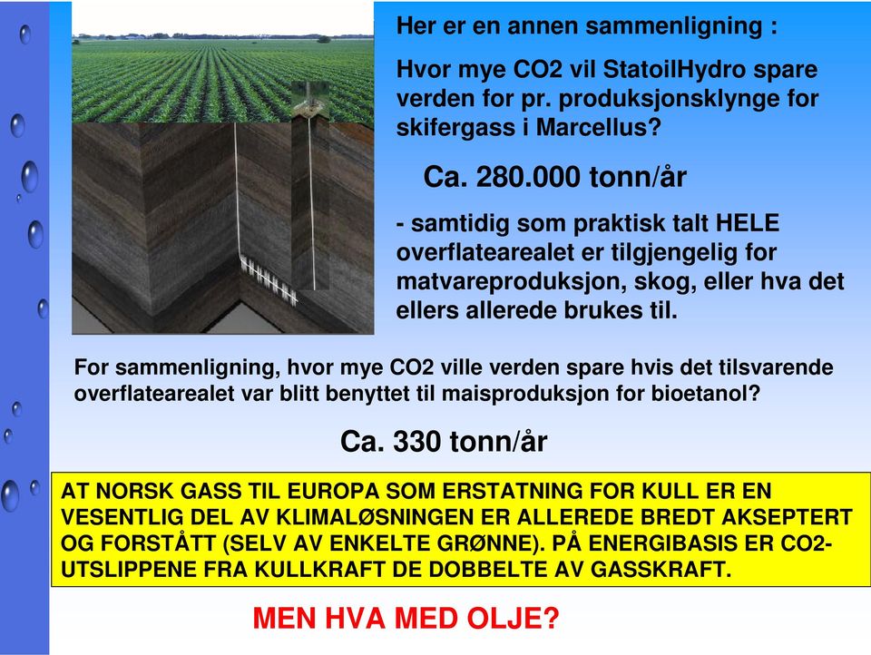 For sammenligning, hvor mye CO2 ville verden spare hvis det tilsvarende overflatearealet var blitt benyttet til maisproduksjon for bioetanol? Ca.