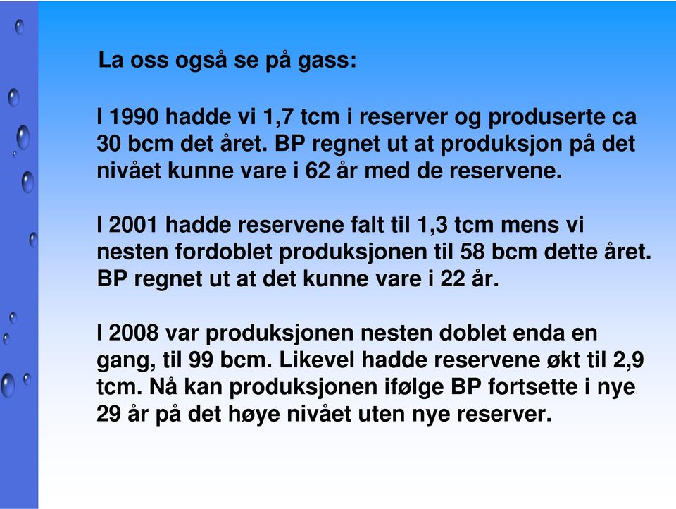 I 2001 hadde reservene falt til 1,3 tcm mens vi nesten fordoblet produksjonen til 58 bcm dette året.