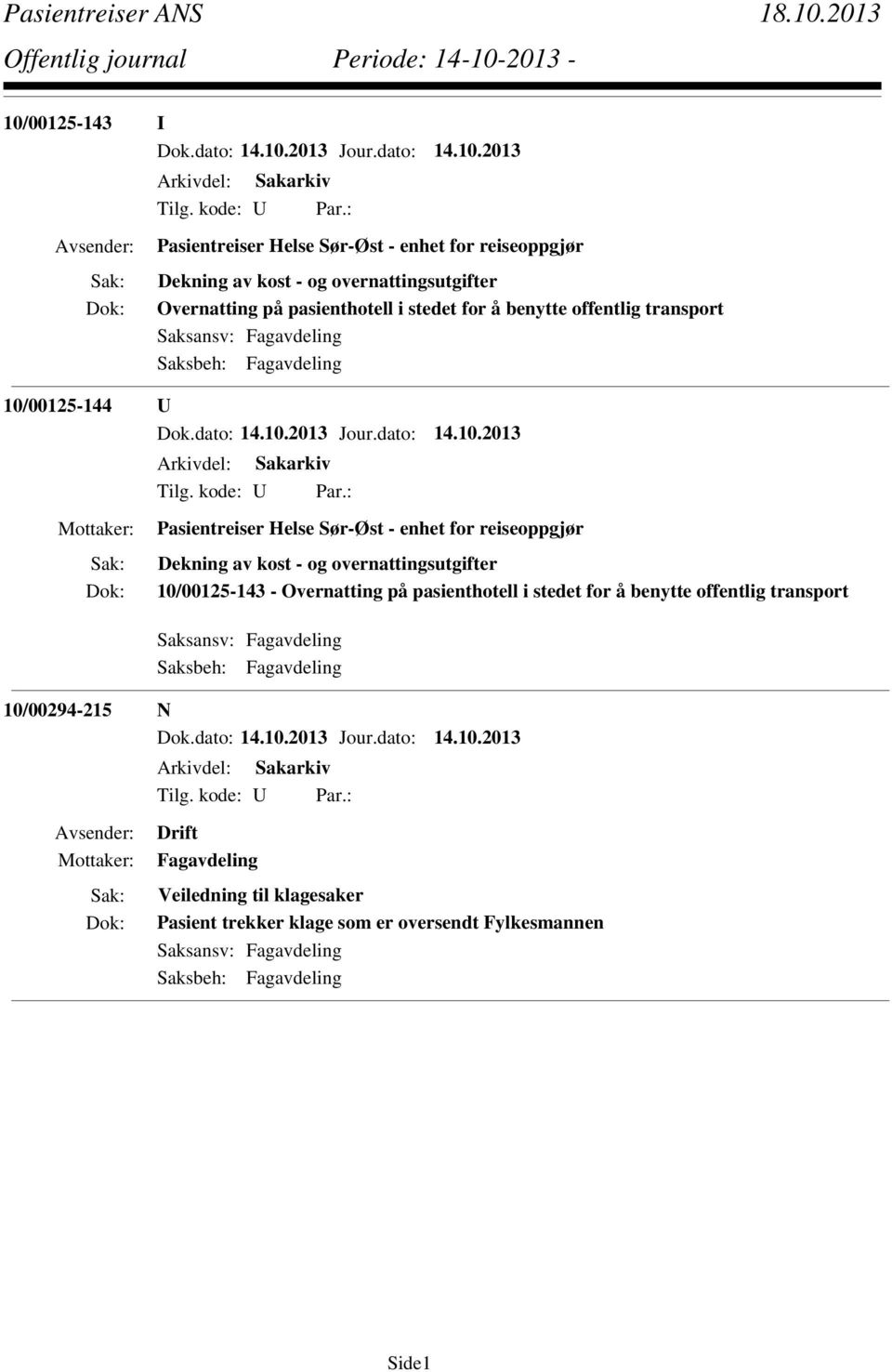 reiseoppgjør Dekning av kost - og overnattingsutgifter 10/00125-143 - Overnatting på pasienthotell i stedet for å benytte